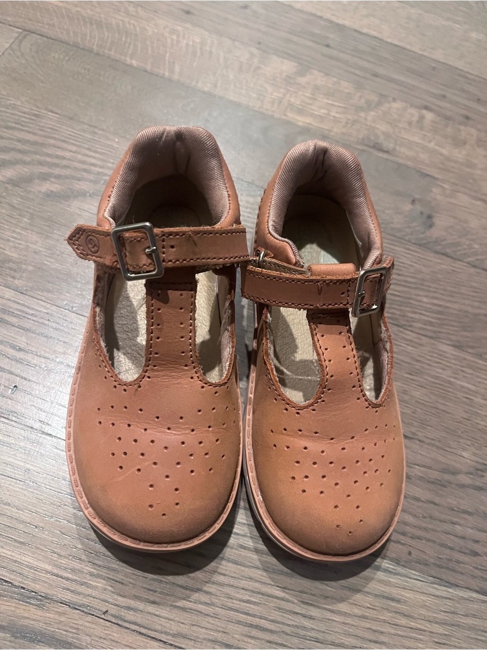 Stride Rite Girls Tan T‑Strap Leather Dress Shoes